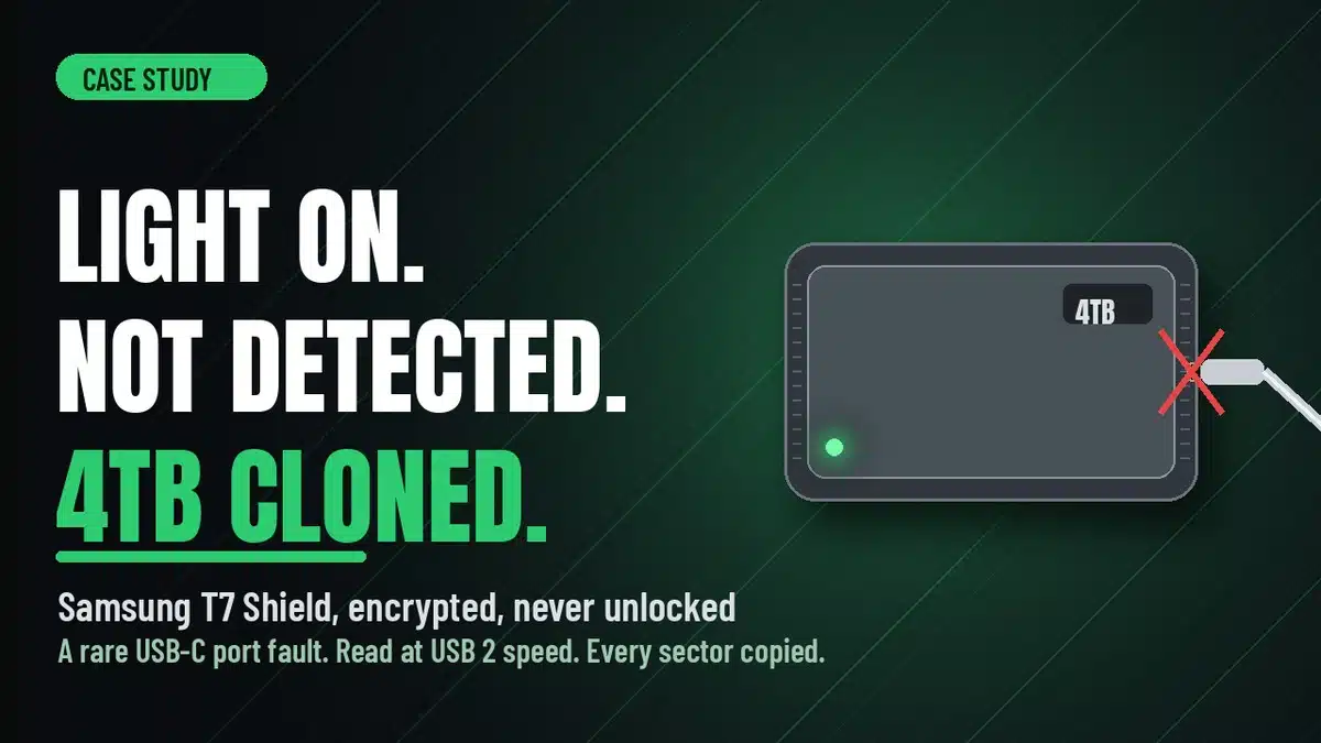 Case study graphic: light on, not detected, 4TB cloned, Samsung T7 Shield encrypted, USB-C port fault