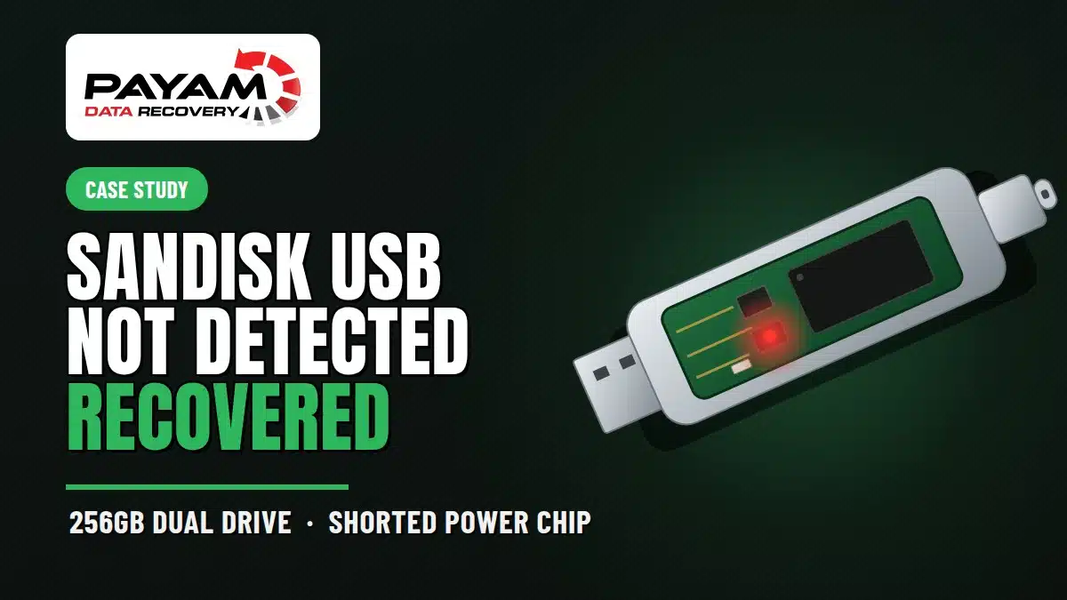 Case study graphic: SanDisk USB not detected, recovered, 256GB Dual Drive with a shorted power chip