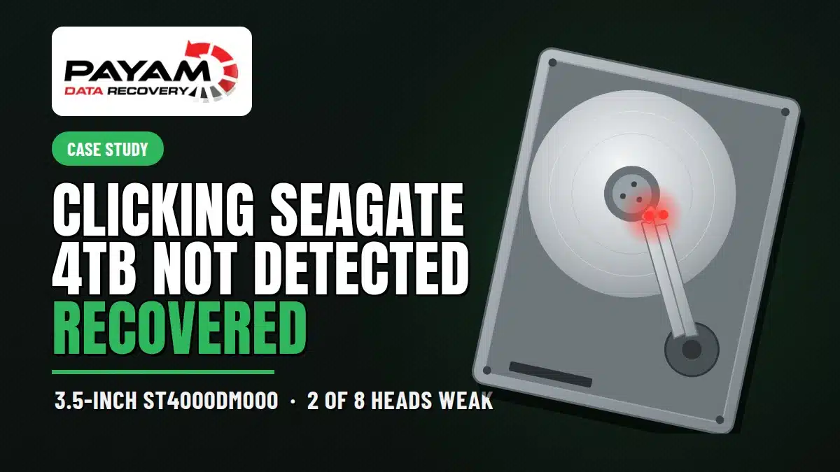 Case study graphic: clicking Seagate 4TB not detected, recovered, 3.5 inch ST4000DM000 with 2 of 8 heads weak