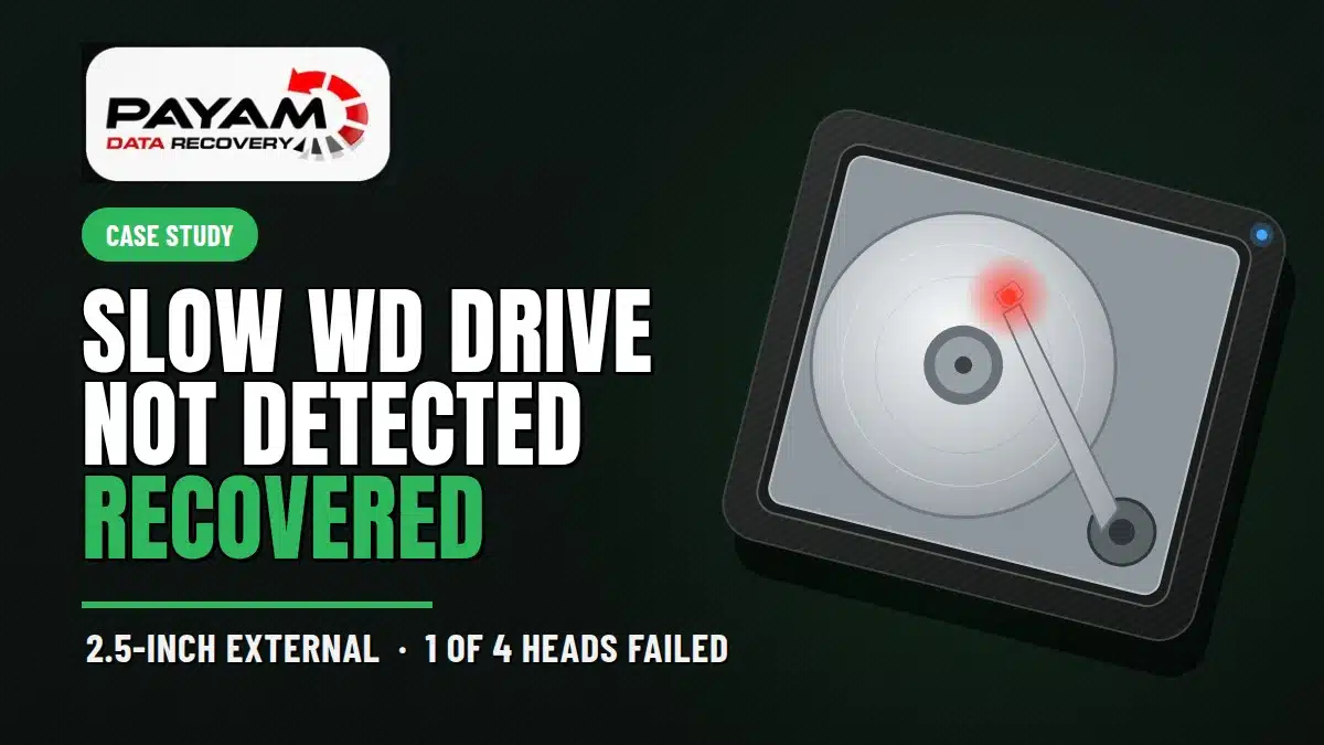 Case study graphic: slow WD drive not detected, recovered, 2.5 inch external with 1 of 4 heads failed
