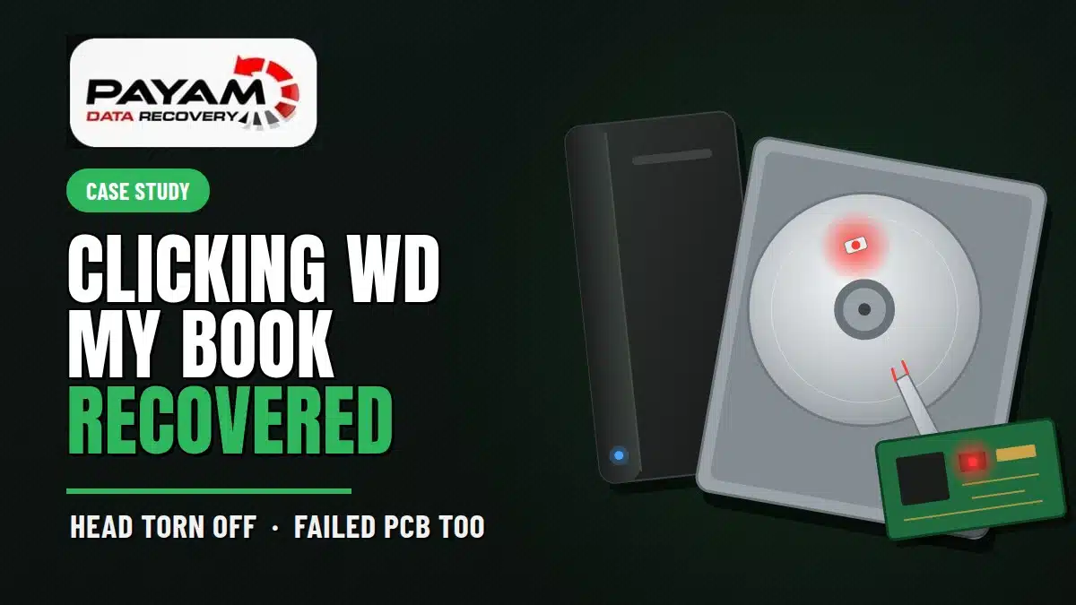 Case study graphic: clicking WD My Book recovered, head torn off and failed PCB too