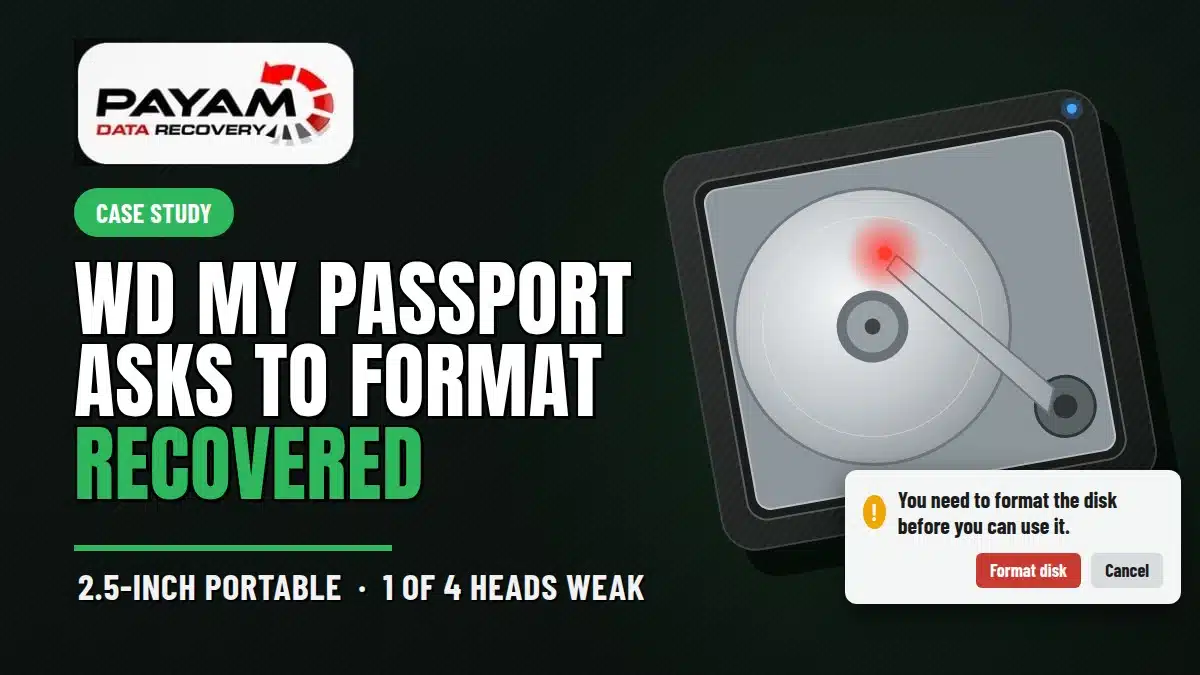 Case study graphic: WD My Passport asks to format, recovered, 2.5 inch portable with 1 of 4 heads weak