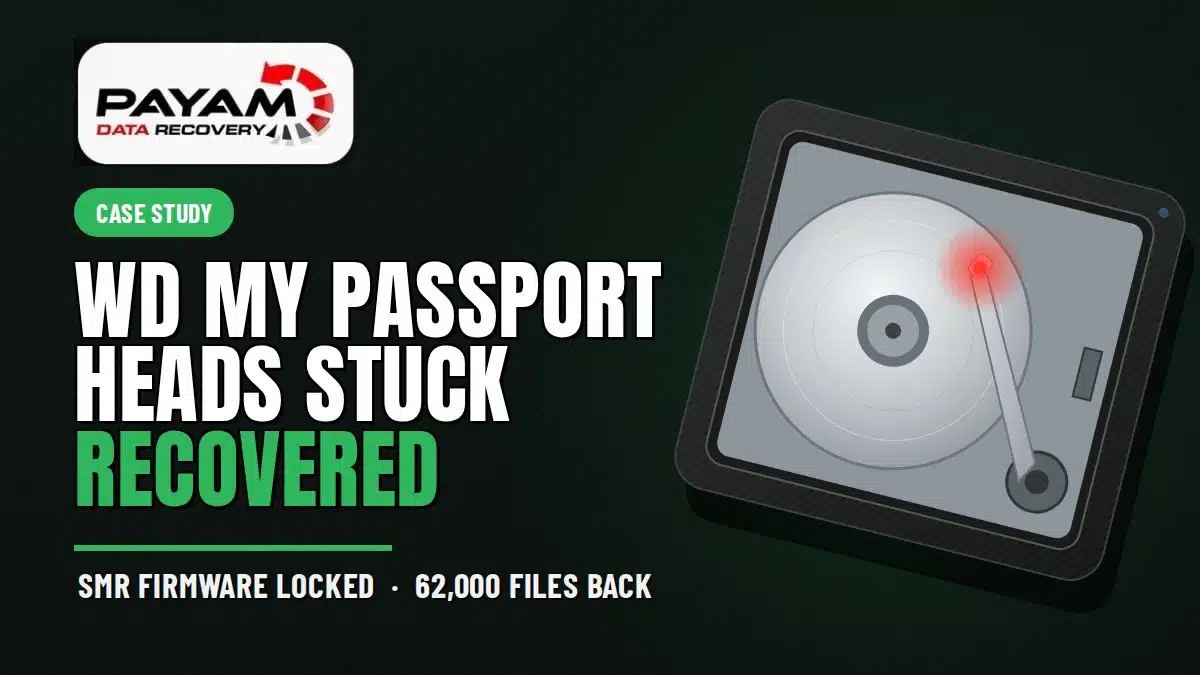Case study graphic: WD My Passport heads stuck, recovered, SMR firmware locked, 62,000 files back