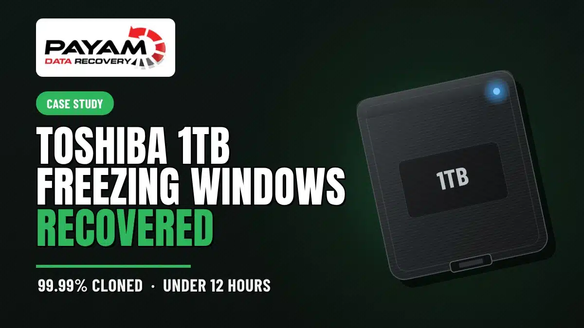 Case study graphic: Toshiba 1TB freezing Windows recovered, 99.99% cloned in under 12 hours