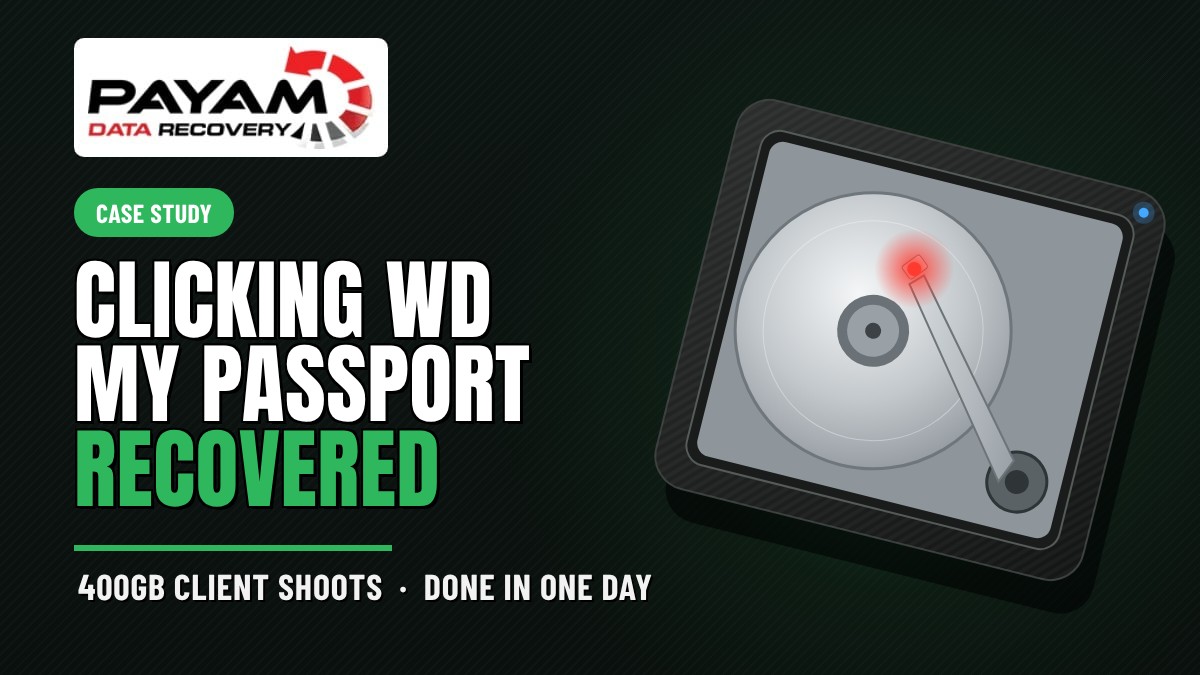 Case study graphic: clicking WD My Passport recovered, 400GB client shoots, done in one day